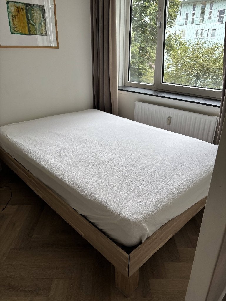 Massief eiken bed 140x200 met lattenbodem, wit geolied, Ophalen, Gebruikt, Wit, Modern, Solide, Comfortabel