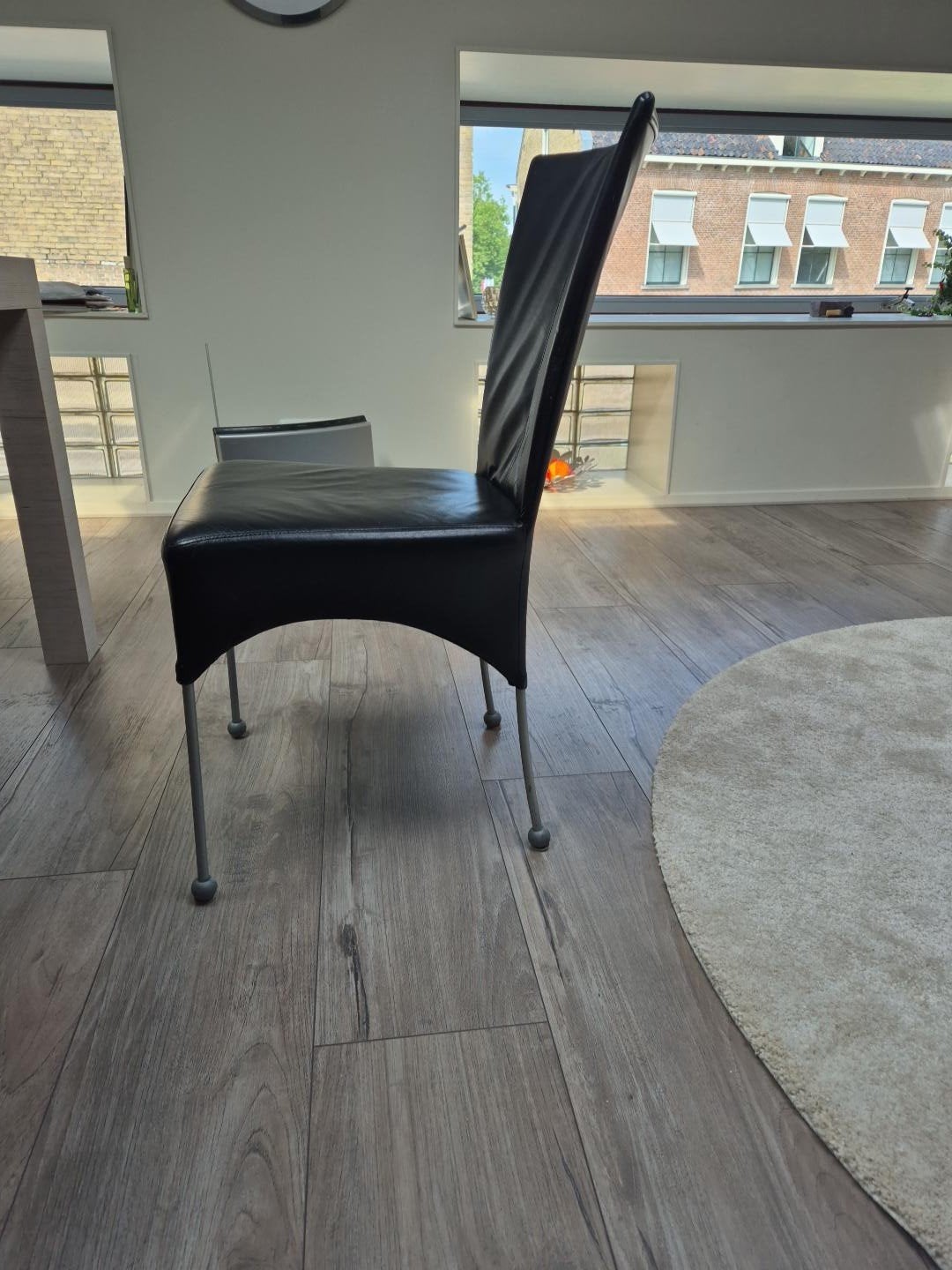 6 comfortabele zwarte leren eetkamerstoelen, Ophalen, Gebruikt, Zwart, Leer