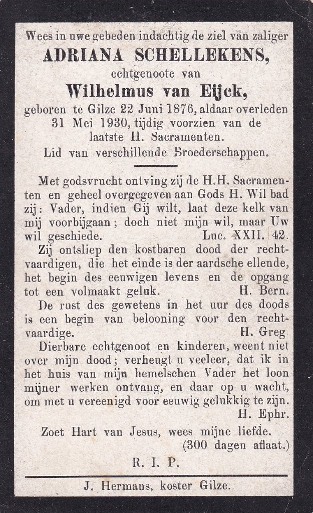 Schellekens Adriana  1876 Gilze 1930, Ophalen of Verzenden, Bidprentje
