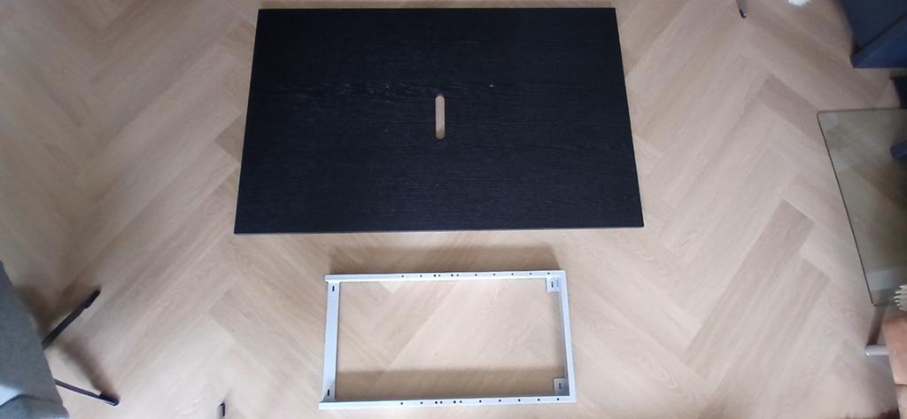 TV ophangsysteem zwart met houtnerf zgan 1.50 x 96 cm., Ophalen, 150 tot 200 cm, Eikenhout, Zo goed als nieuw