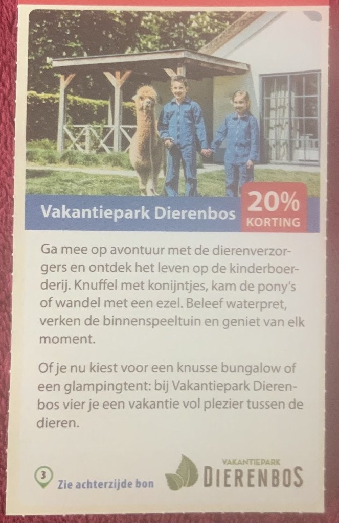 Vakantiepark Dierenbos Voordeelbon, Drie personen of meer, Kortingsbon, Bungalowpark