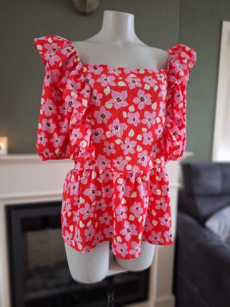 Boohoo rode roze bloemen tuniek 42 44 XL, Verzenden, Boohoo, Maat 42/44 (L), Zo goed als nieuw