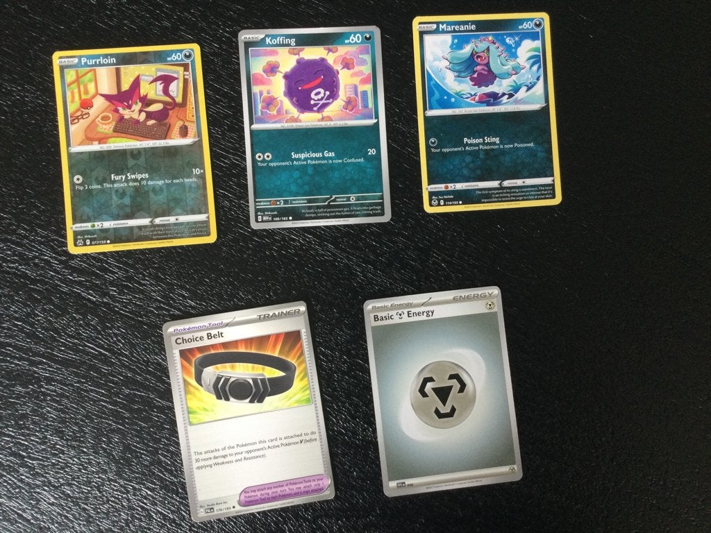 Pokémon kaarten PURRLION, KOFFING, CHOICE BELT, MAREANIE, Ophalen of Verzenden, Zo goed als nieuw, Meerdere kaarten