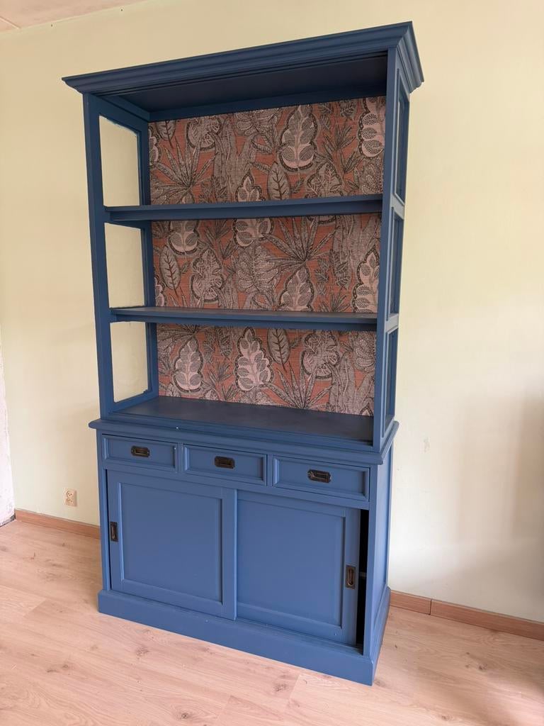 Unieke Refurbished Buffetkast Blauw met Botanische behang, Ophalen, 100 tot 150 cm, 200 cm of meer, Zo goed als nieuw