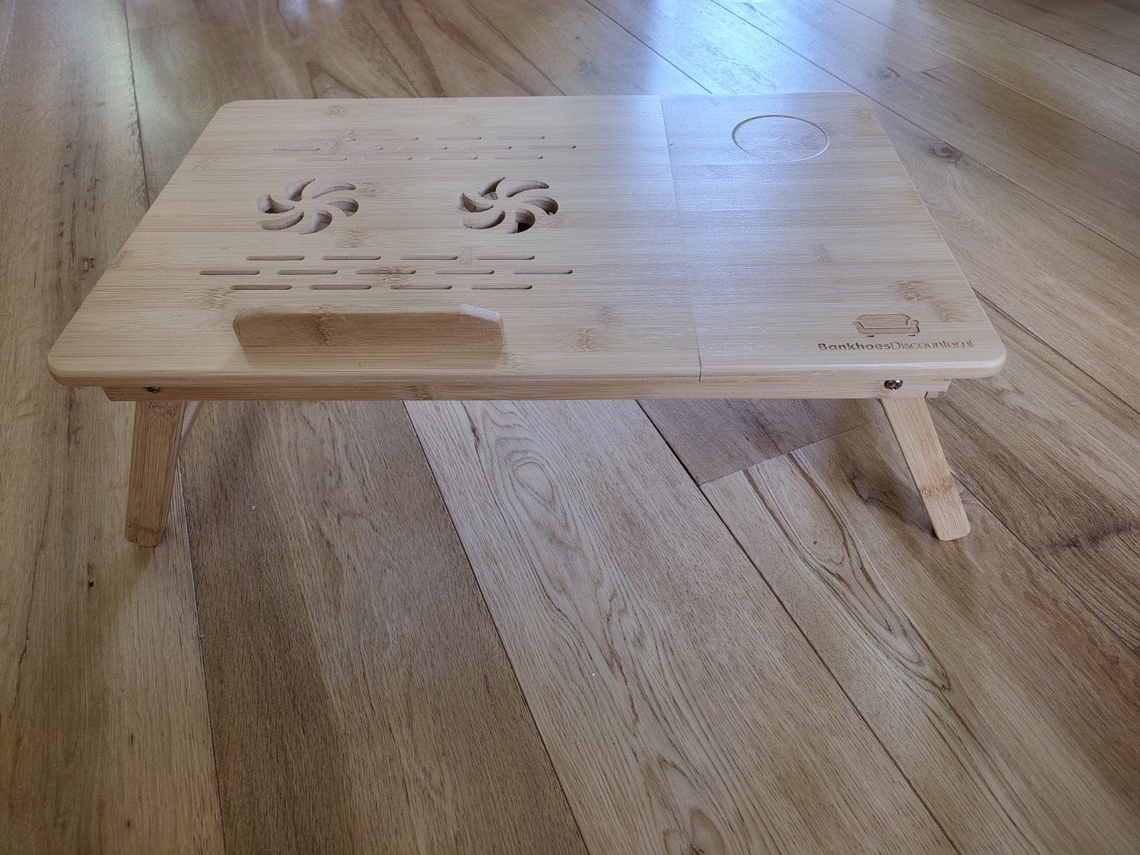 Verstelbaar Bamboe Laptoptafel met Ventilatie en Bekerhouder, Computers en Software, Laptopstandaarden, Ophalen of Verzenden, Zo goed als nieuw