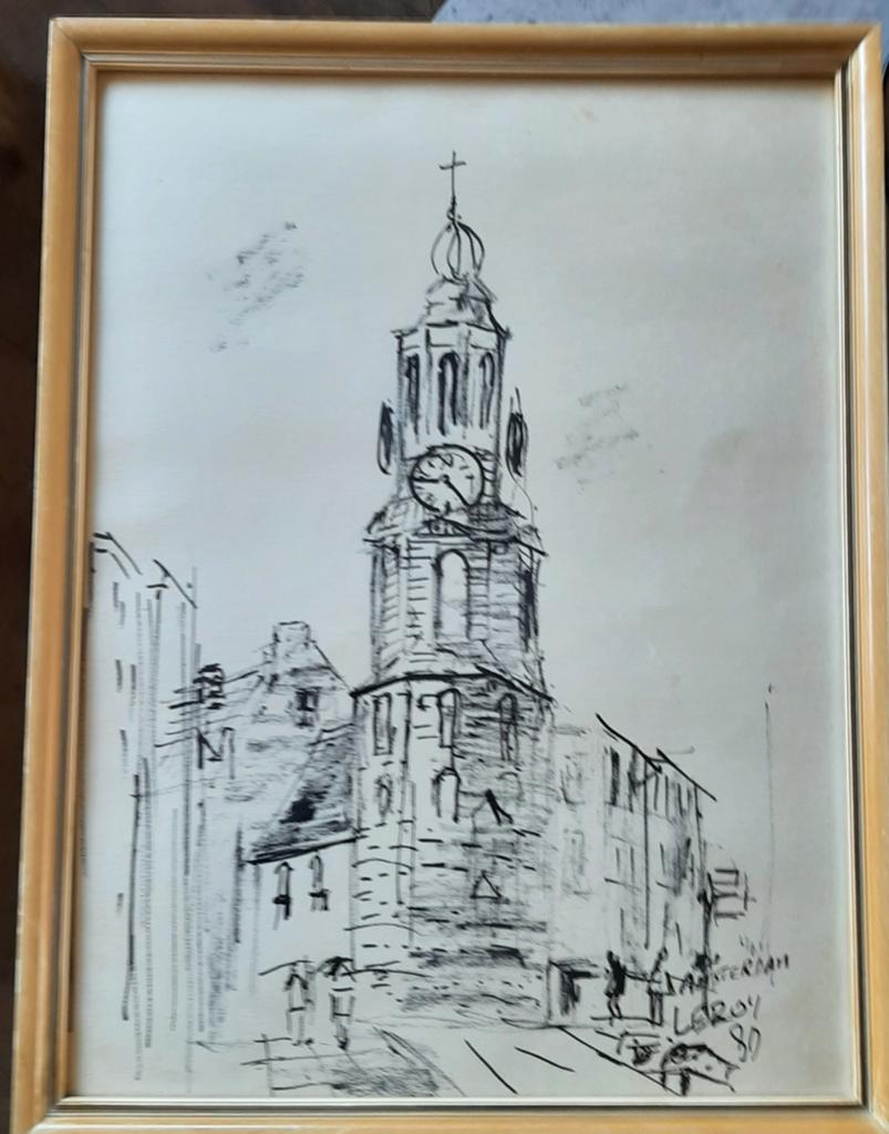 Vintage tekening van Amsterdamse toren, gesigneerd LeRoy '80, Antiek en Kunst, Kunst | Tekeningen en Foto's, Ophalen of Verzenden
