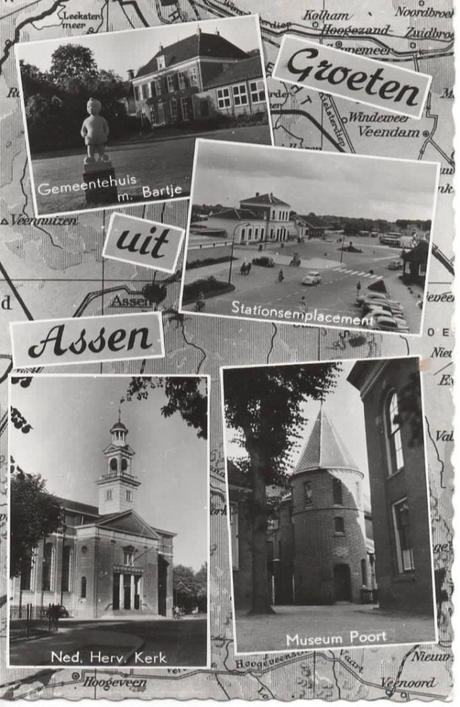 Ansichtkaart Assen, 4-luik, Bartje, Ned. Herv. Kerk, station, Ophalen of Verzenden, 1960 tot 1980, Gelopen, Drenthe