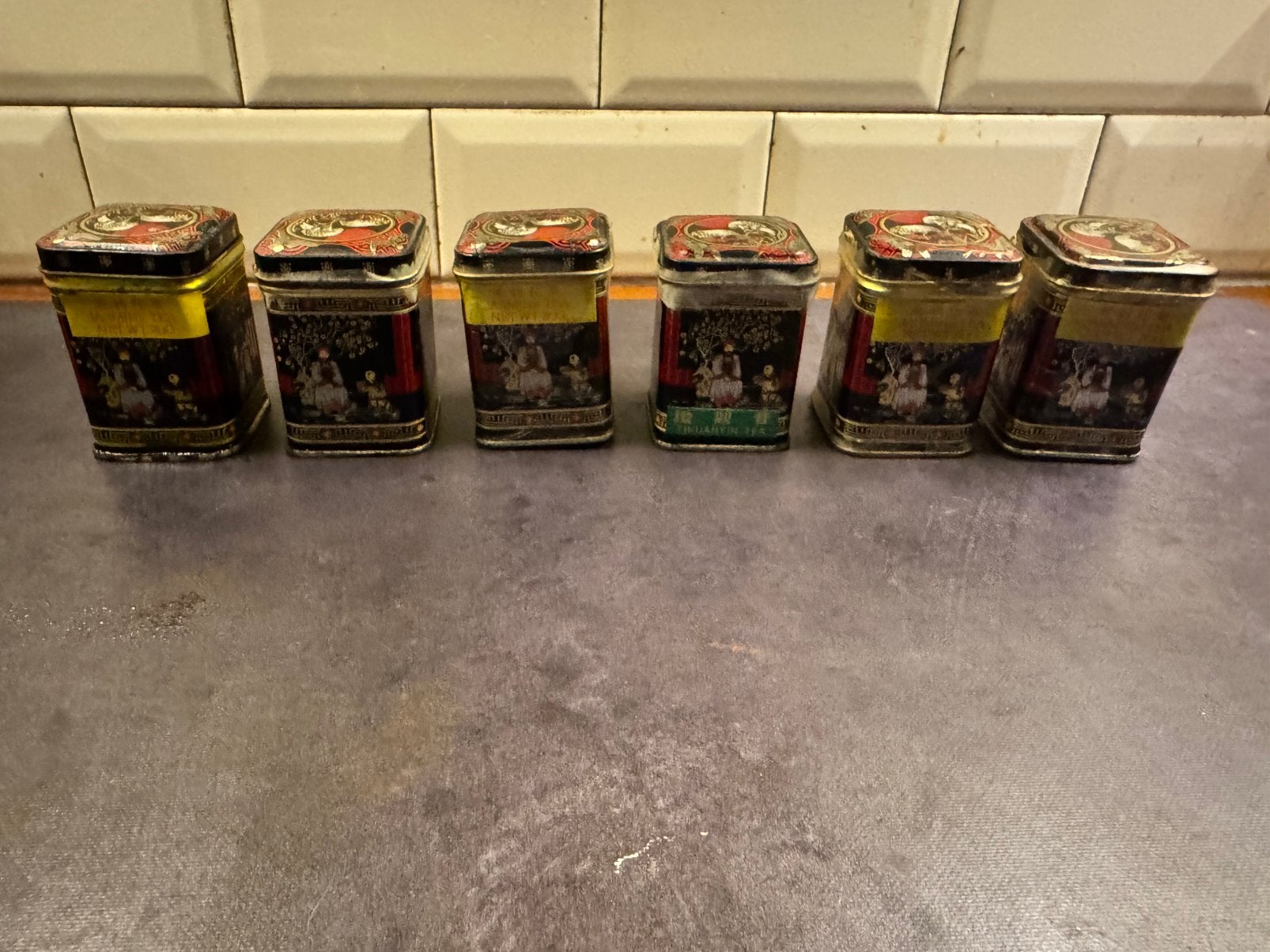 6 chineze theeblikjes. 6,5x 4,5x 4,5 retro vintage, Verzamelen, Blikken, Ophalen, Nieuw, Thee, Overige merken