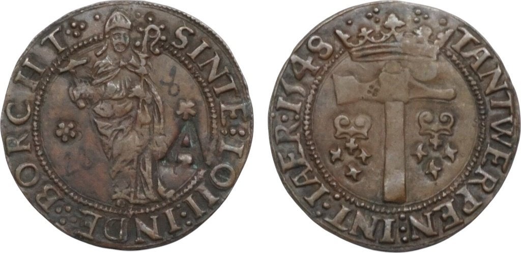 Méreau 1548, Antwerpen, gilde van de muntslagers, Verzenden, België, Losse munt, Zilver