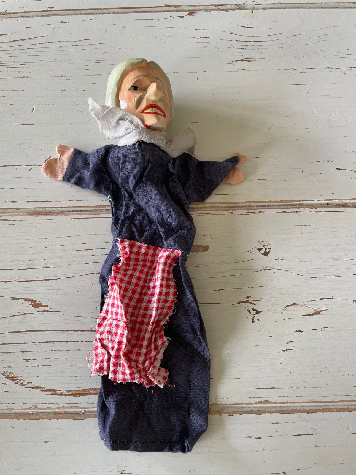 Vintage Handpop Heks met Houten Hoofd en Stoffen Lichaam, Verzamelen, Poppen, Ophalen of Verzenden, Gebruikt, Overige typen