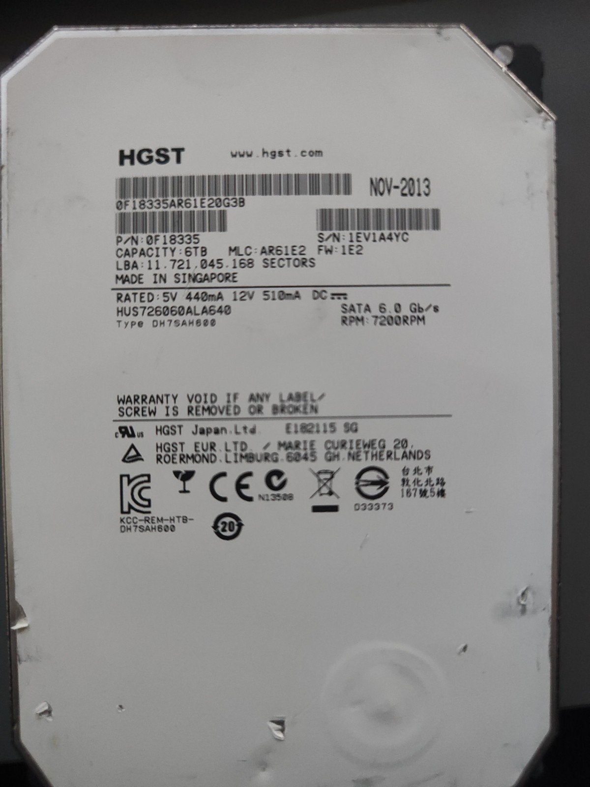 HGST 6TB HDD SATA 6.0 Gb/s 7200RPM Harde Schijf, Intern, Gebruikt, Ophalen of Verzenden, Desktop