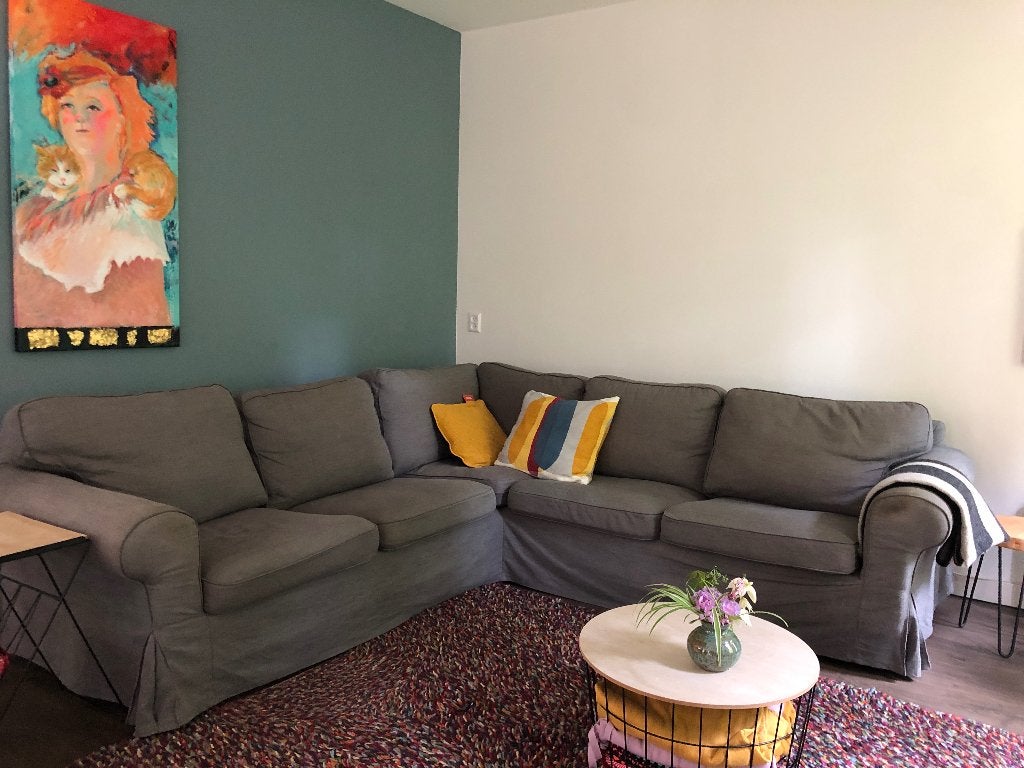 Hoekbank grijs (IKEA Ektrop) (gratis af te halen), Huis en Inrichting, Banken | Bankstellen, Ophalen, Gebruikt, Hoekbank, 75 tot 100 cm