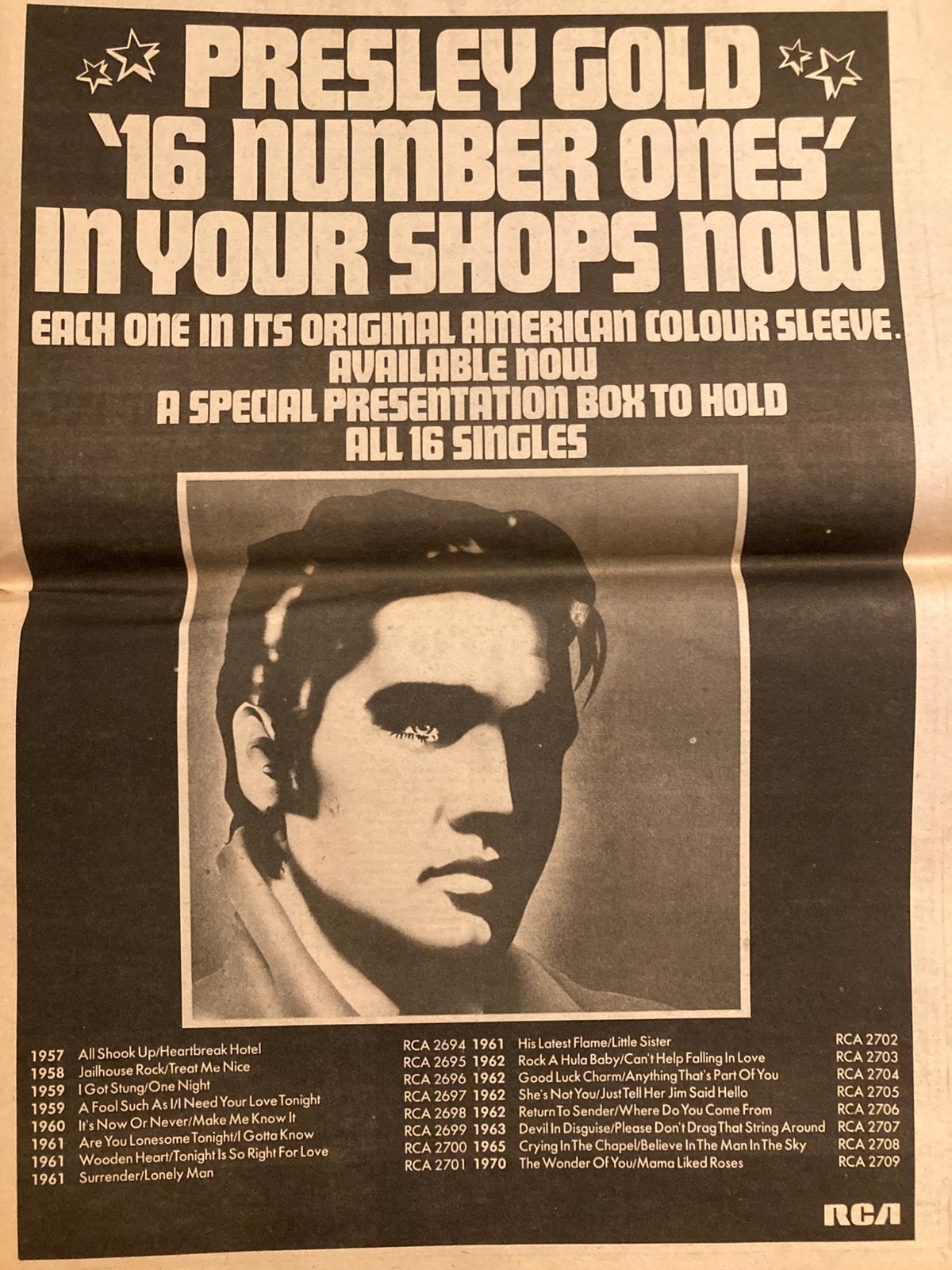 Paginagrote A3 advertentie ELVIS PRESLEY Singles release, Verzamelen, Ophalen of Verzenden, Gebruikt, A1 t/m A3