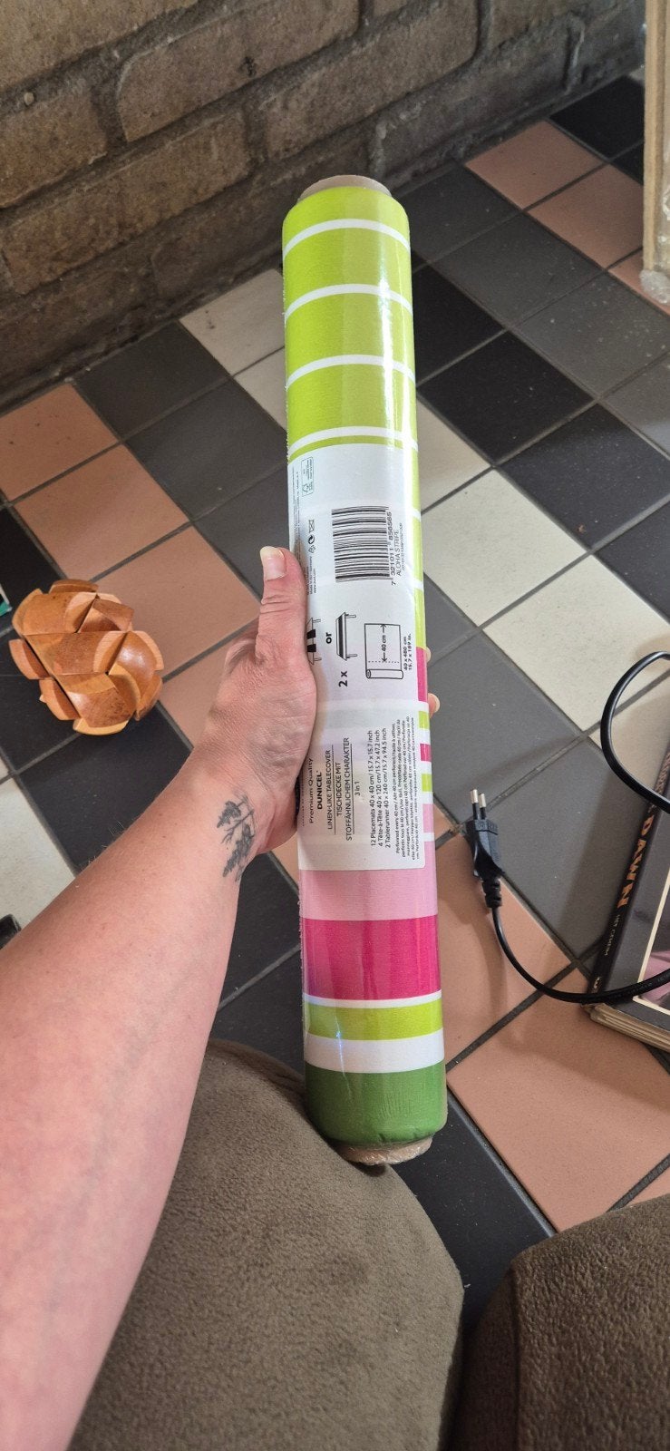Dunicel Tafelloper/Placemats - Groen/Roze Gestreept, Ophalen, Overige materialen, Nieuw, Afwasbaar