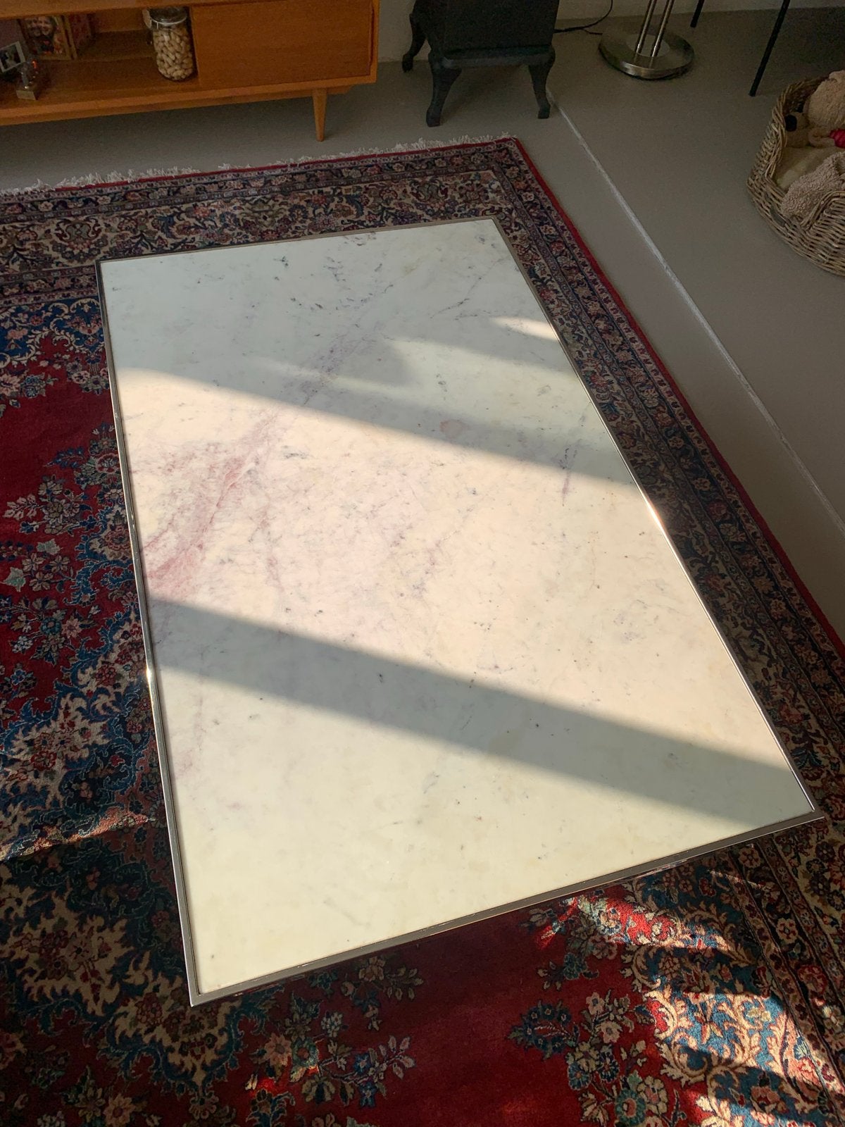 Richmond Salontafel met Marmeren Blad en Chromen Onderstel, Ophalen, Gebruikt, 100 tot 150 cm, Overige materialen