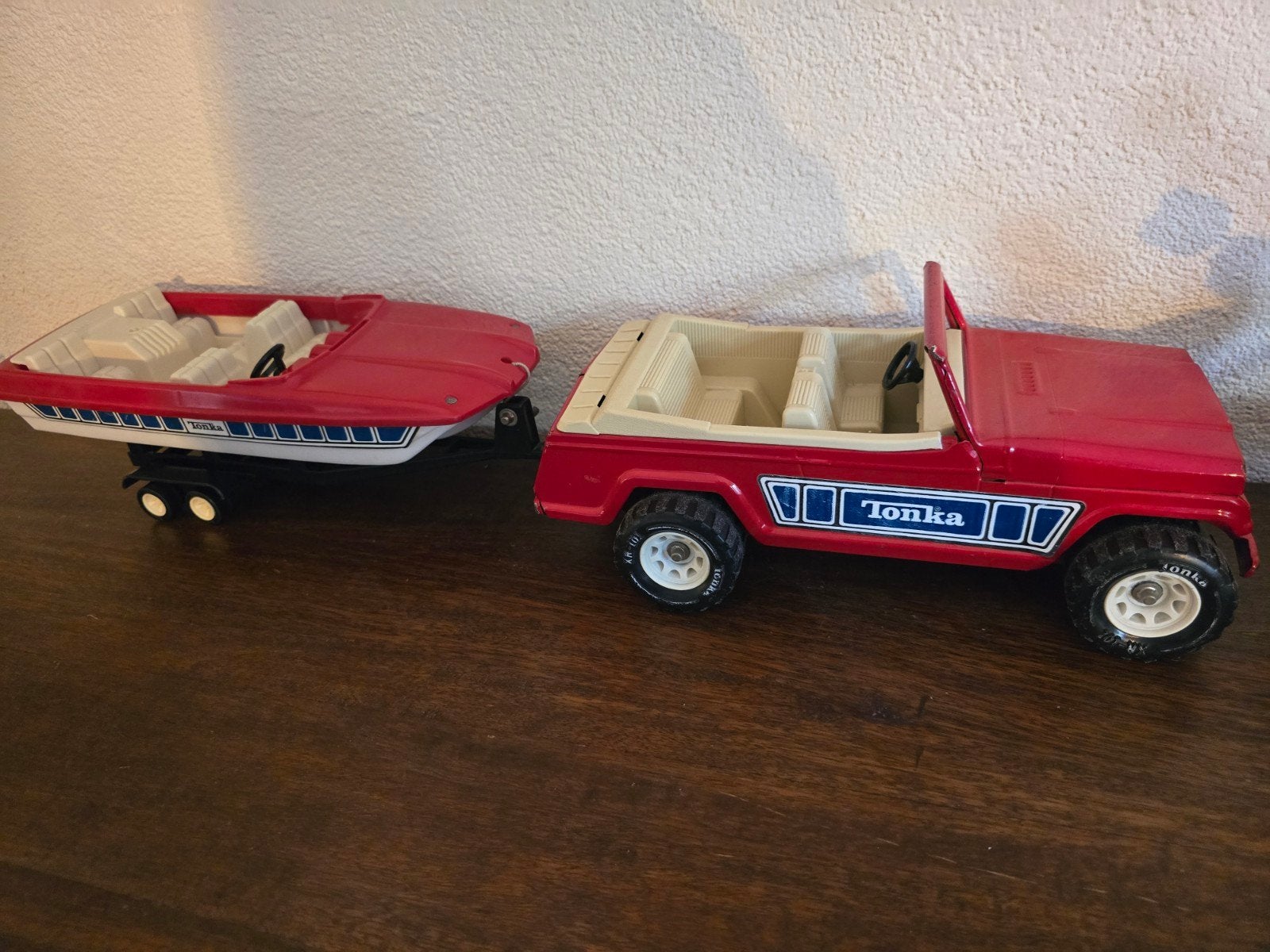 Vintage Tonka Jeep met boot en trailer, Ophalen of Verzenden, Gebruikt