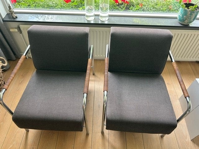 2 originele Minotti vintage fauteuils met chrome buisframe, Ophalen, Vintage, 75 tot 100 cm, Zo goed als nieuw