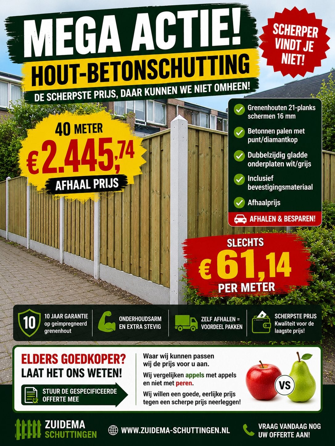 MEGA ACTIE! Hout-Betonschutting - 40 meter afhaalprijs, Tuin en Terras, Ophalen, 1 tot 2 meter, Zuidema schuttingen, Zuidema schuttingen