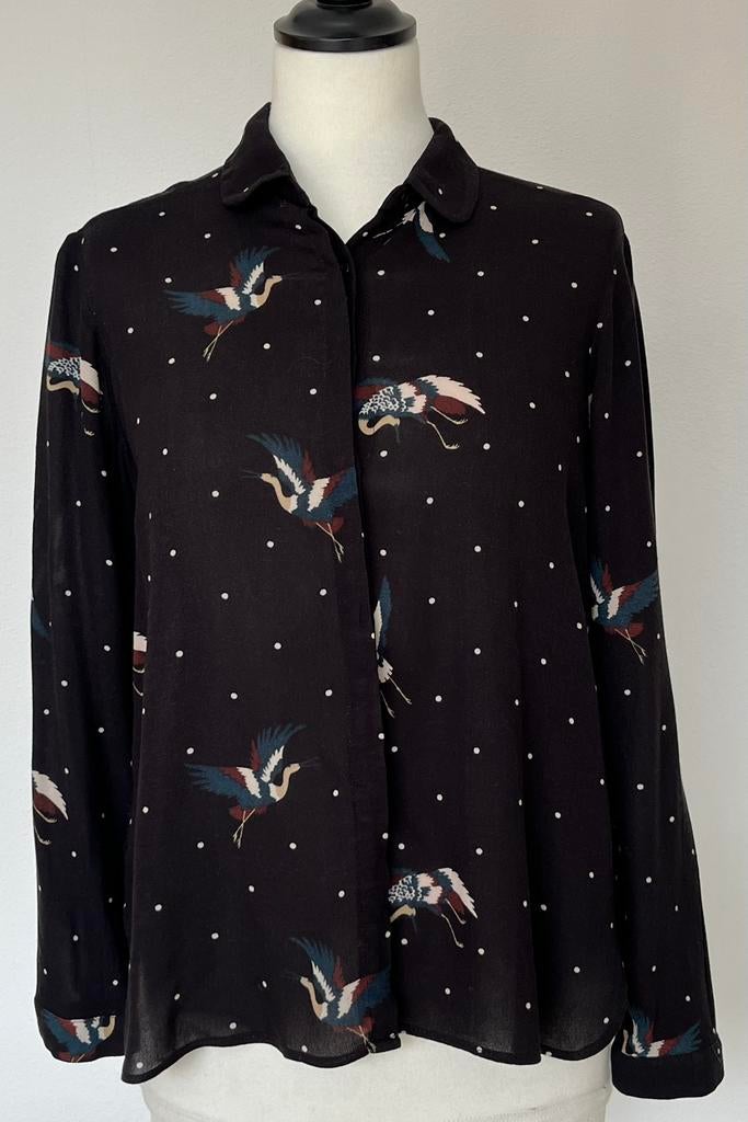 MNG zwarte blouse met vogelprint maat M, Ophalen of Verzenden, Zo goed als nieuw, Maat 38/40 (M), Zwart