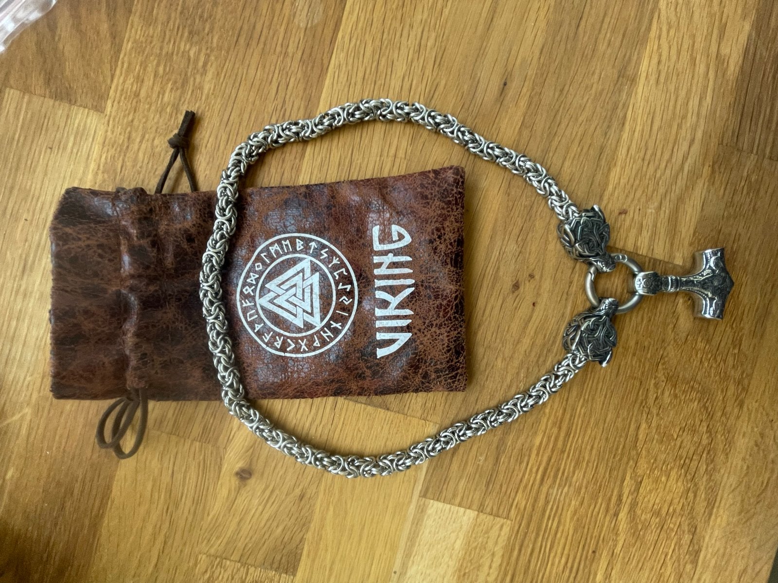 Viking Halsketting met Mjolnir Hanger en Drakenkoppen, Ophalen of Verzenden, Zo goed als nieuw, Zilver, Overige materialen