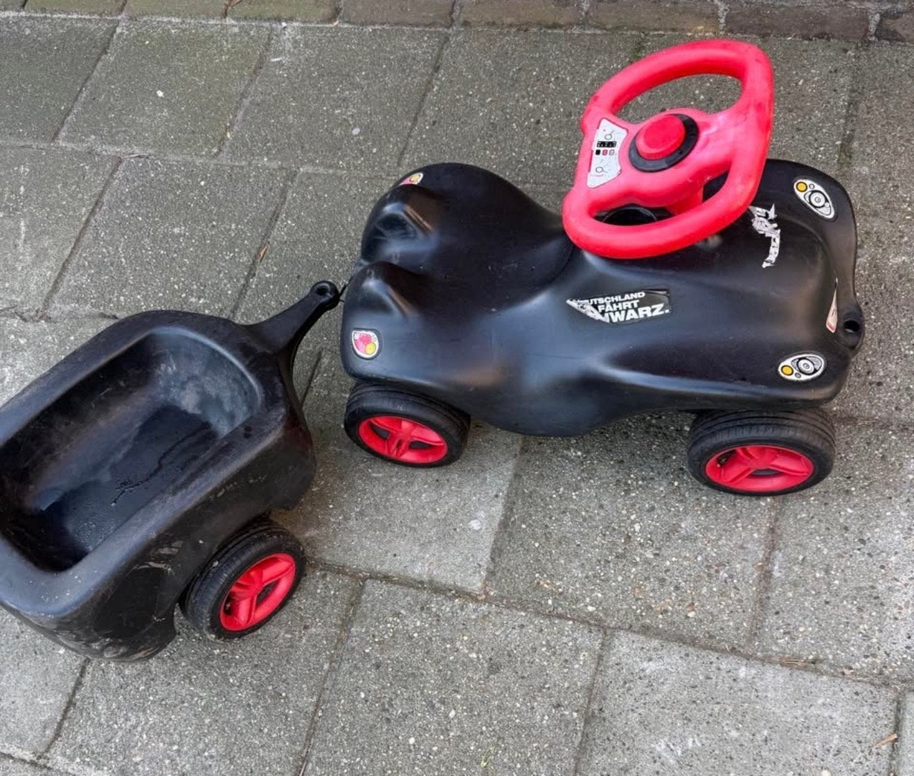 Zwarte Loopauto met aanhanger, Ophalen of Verzenden, Gebruikt, Loopvoertuig