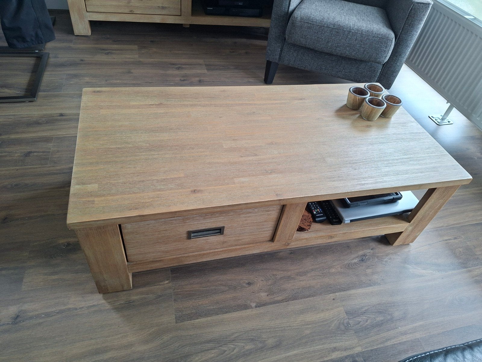 Salontafel met Lade en Opbergvak en tv meubel, Ophalen, Gebruikt, 100 tot 150 cm, Eikenhout
