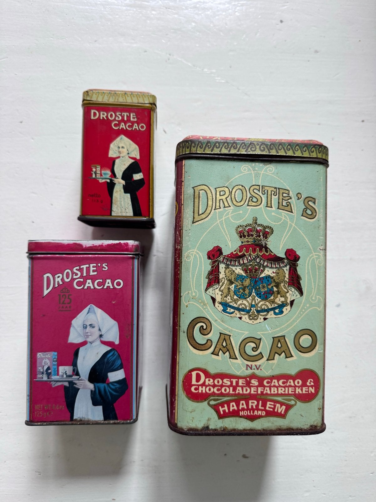 Vintage Droste Cacao en Chocolade Blikken - Set van 3, Ophalen of Verzenden, Gebruikt, Overige, Droste
