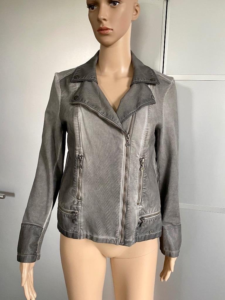 E795 Poools maat 38=M imitatie-leren jasje biker vest grijs, Maat 38/40 (M), Ophalen of Verzenden, Zo goed als nieuw, Jasje