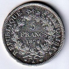 5  francs  1874  A  Frankrijk. km. 52.1, Ophalen of Verzenden, Frankrijk, Losse munt, Zilver