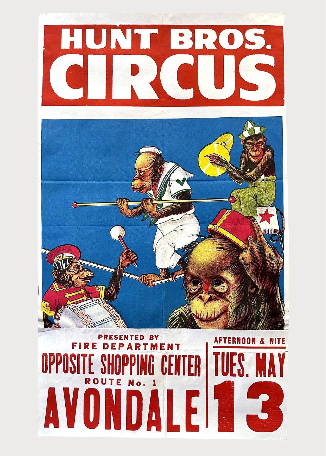 Vintage Hunt Bros. Circus Poster - Apenorkest, Ophalen of Verzenden, A1 t/m A3, Overige onderwerpen, Rechthoekig Staand