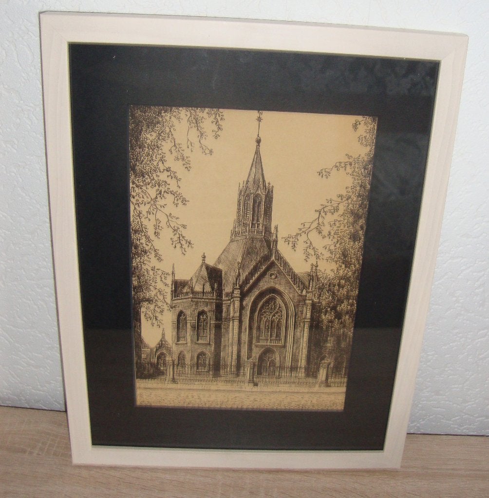 nieuw ingelijste ets van de oude zuiderkerk te Rotterdam, 33 cm, Ets, 43 cm, Architectuur