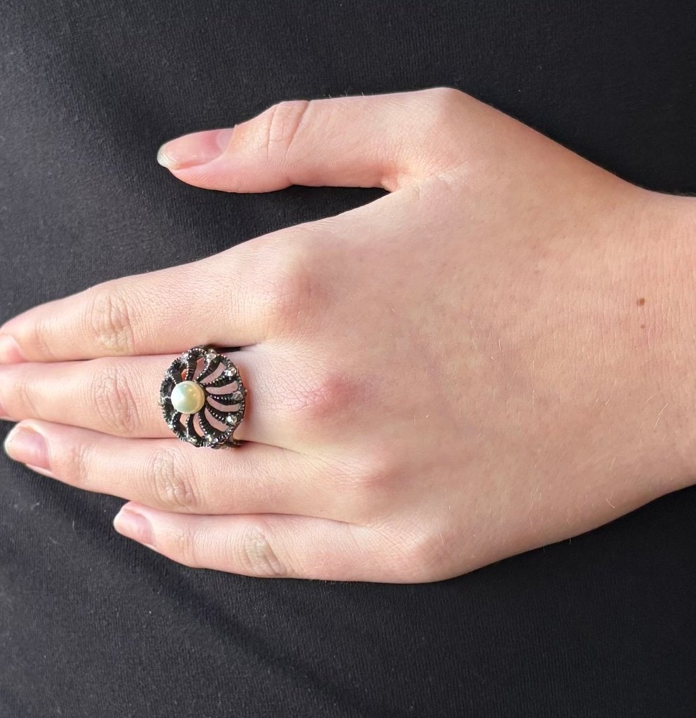 Diamanten parel antieke dames ring zilver doos fraai