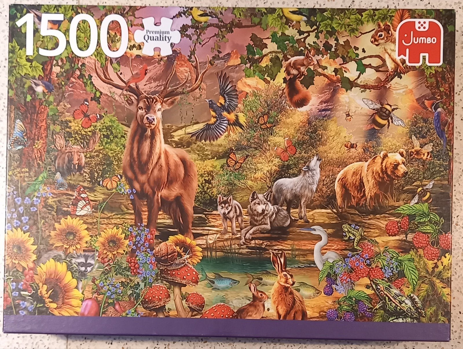 Jumbo puzzel Magisch bos bij zonsondergang., Ophalen of Verzenden, 500 t/m 1500 stukjes, Gebruikt
