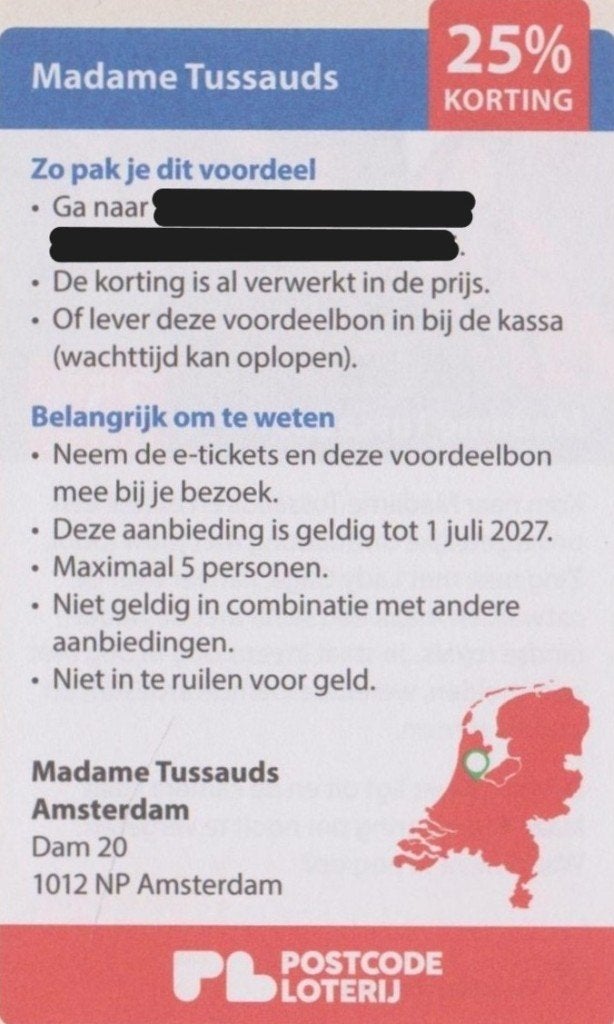 Madame Tussauds Amsterdam. 25% korting. Postcodeloterij bon., Drie personen of meer, Kortingskaart