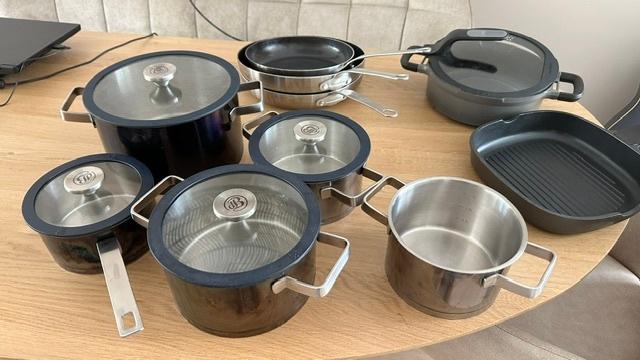 grote pannenset de buyer en berghoff, Ophalen, Aluminium, Pannenset, Zo goed als nieuw