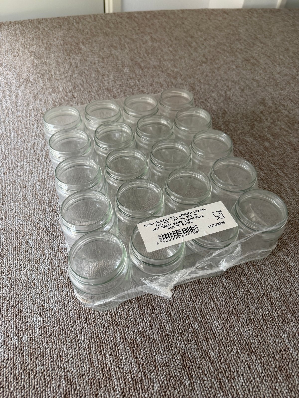 560 Nieuwe Glazen Potten 212 ml - TOC 63 Dekselmaat, Voorraadpot, Ophalen of Verzenden, Nieuw, Glas