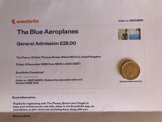 Blue Aeroplanes concert ticket 4/12, Bristol, Tickets en Kaartjes, Eén persoon, December