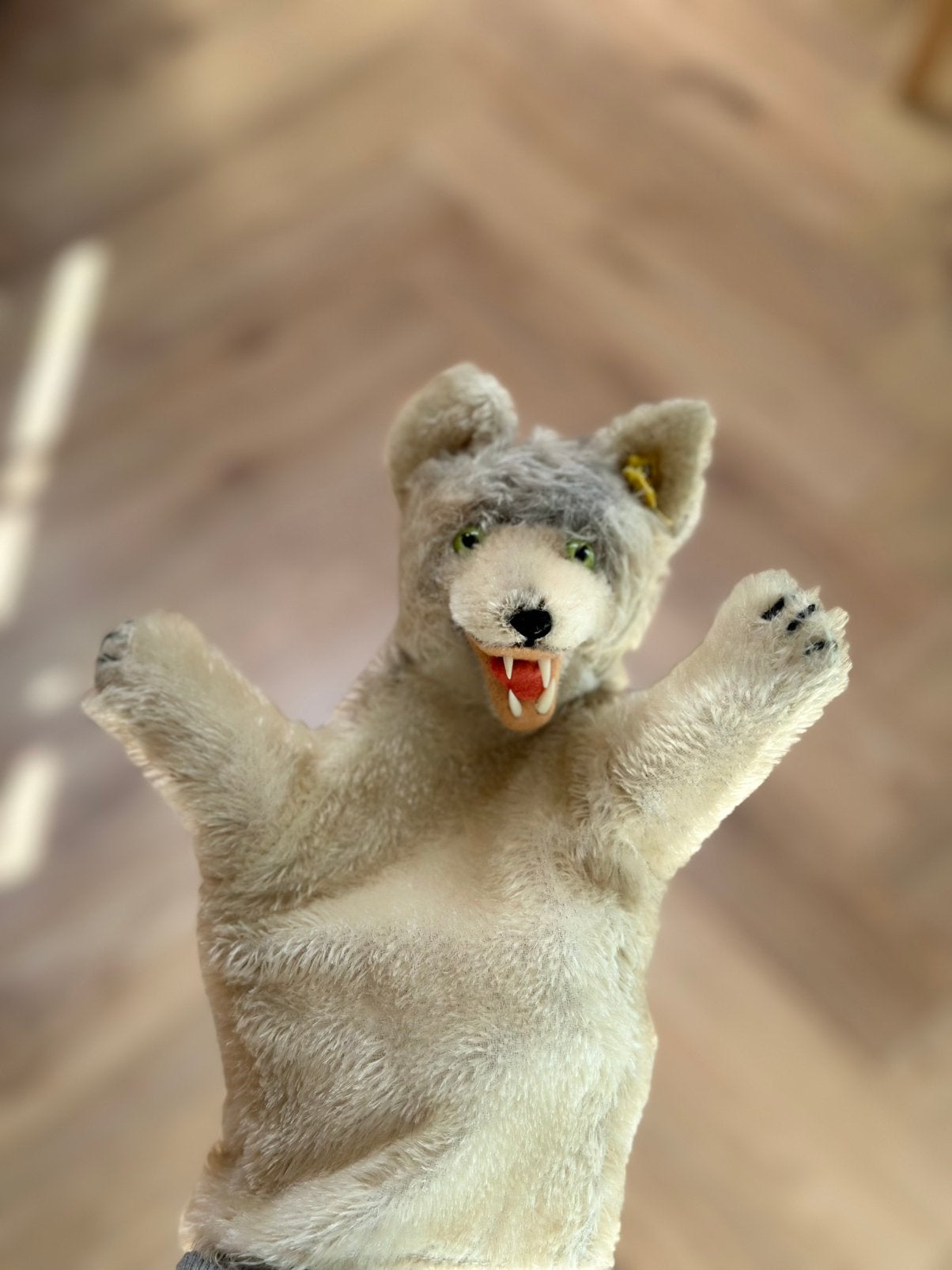 Oude Steiff handpop Loopy de Wolf met knop en label, Ophalen of Verzenden, Zo goed als nieuw, Overige typen
