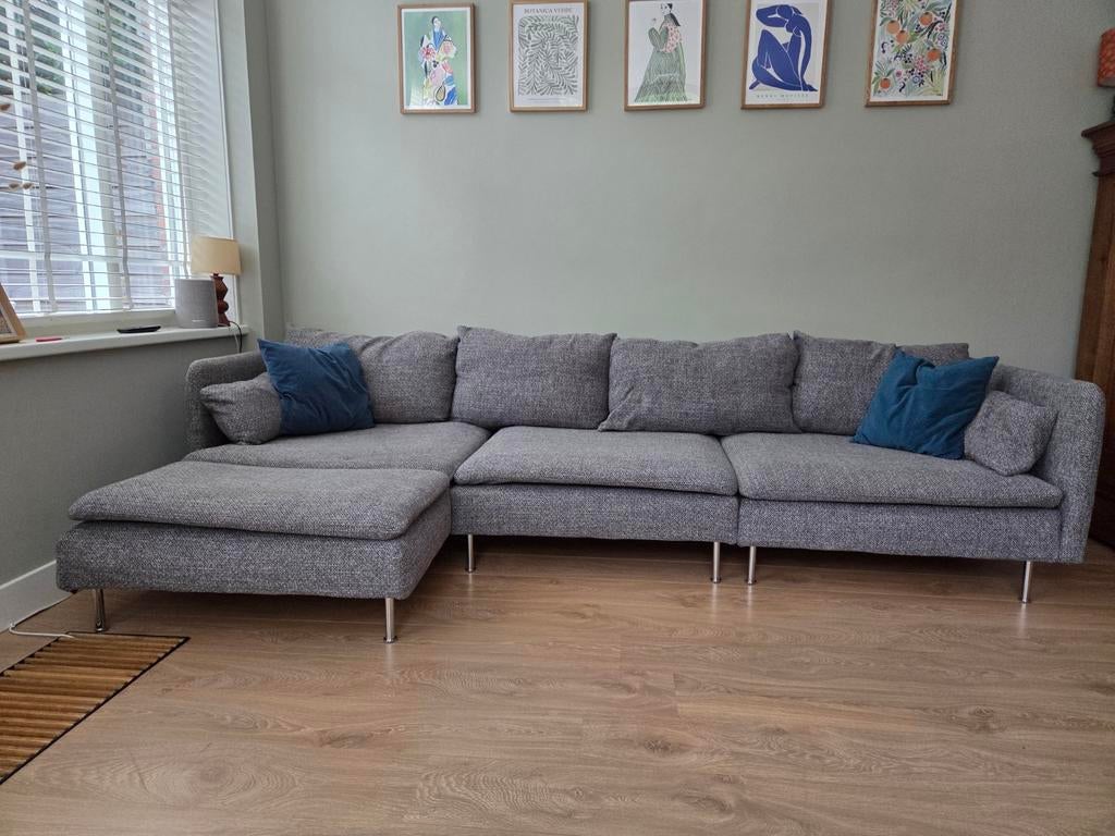 Grijze stoffen hoekbank met chaise longue, Ophalen, 250 tot 300 cm, Gebruikt, 100 tot 125 cm