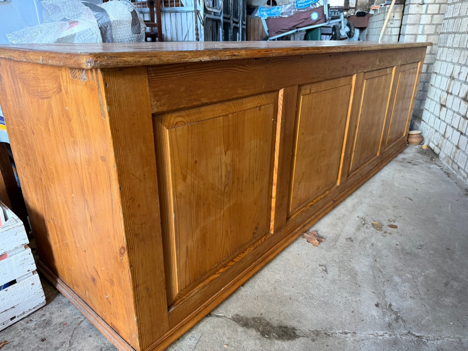 Antiek houten brocante toog/winkeltoonbank schuifdeuren, Ophalen