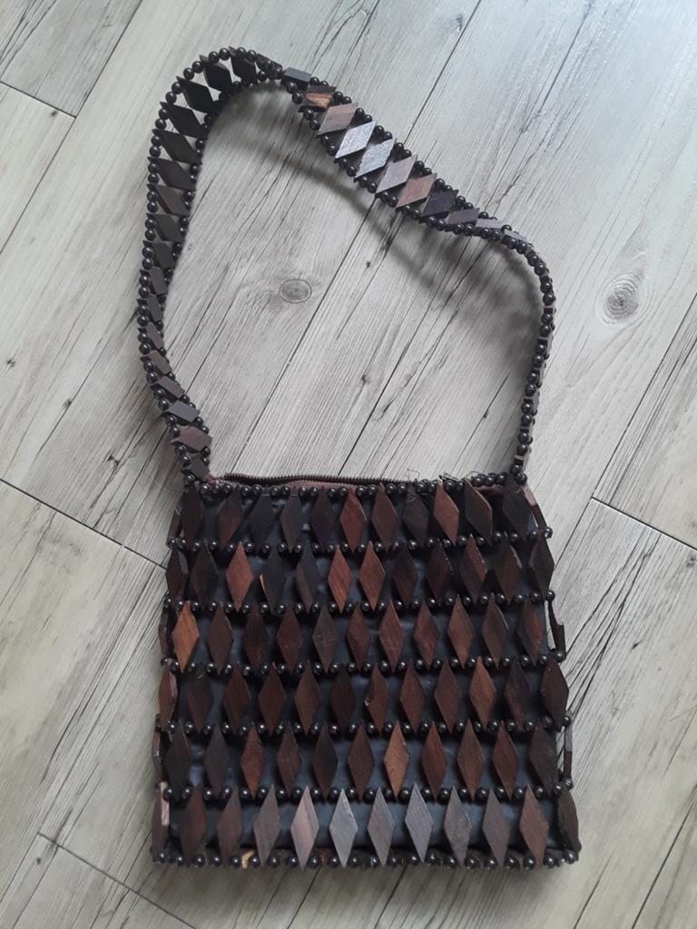 Vintage boho wood crossbody bag, Ophalen of Verzenden, Bruin, Schoudertasje