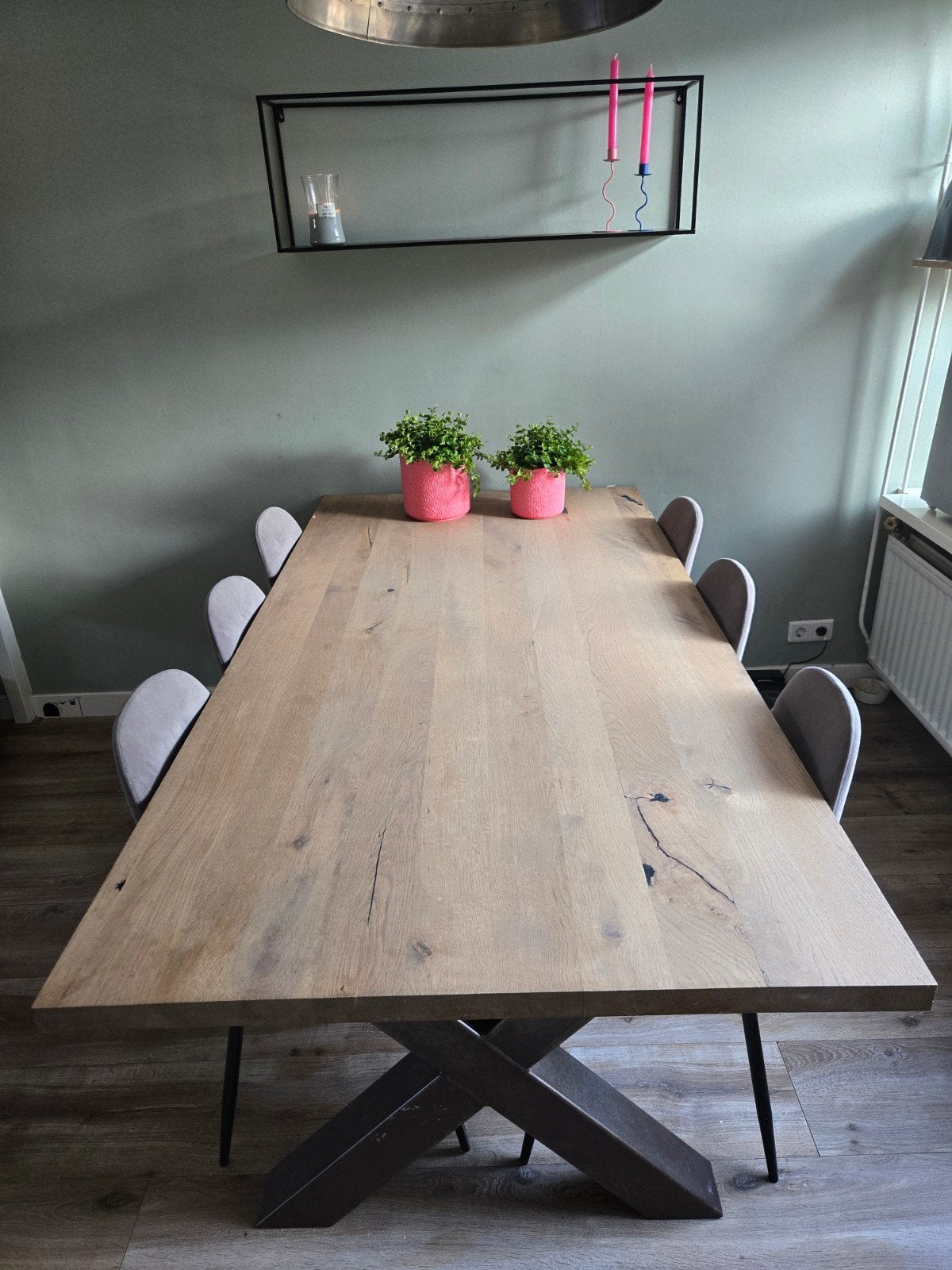 Eikenhouten tafel 200cm met X poten, Ophalen, Gebruikt, Eikenhout, 200 cm of meer