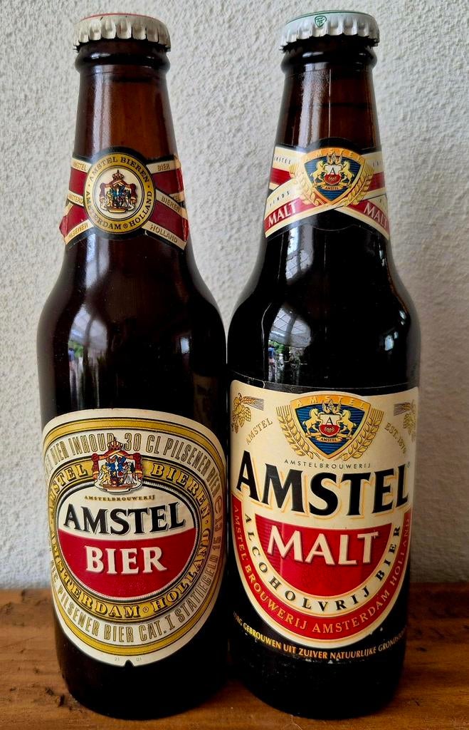 2x Fles AMSTEL malt bier met HEINEKEN dop 1987 + 1997., Ophalen of Verzenden, Zo goed als nieuw, Flesje(s), Amstel