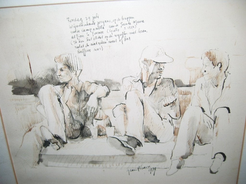 Vintage Tekening: Jongens op de Trappen, Jean Pécasse  1979, Antiek en Kunst, Kunst | Tekeningen en Foto's, Ophalen