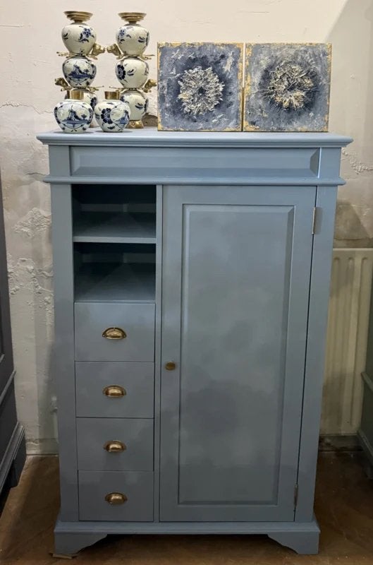 Vintage kastje, oud spekkastje, meidenkast, kast blauw VdlM, Ophalen, 100 tot 150 cm, 50 tot 100 cm, Zo goed als nieuw
