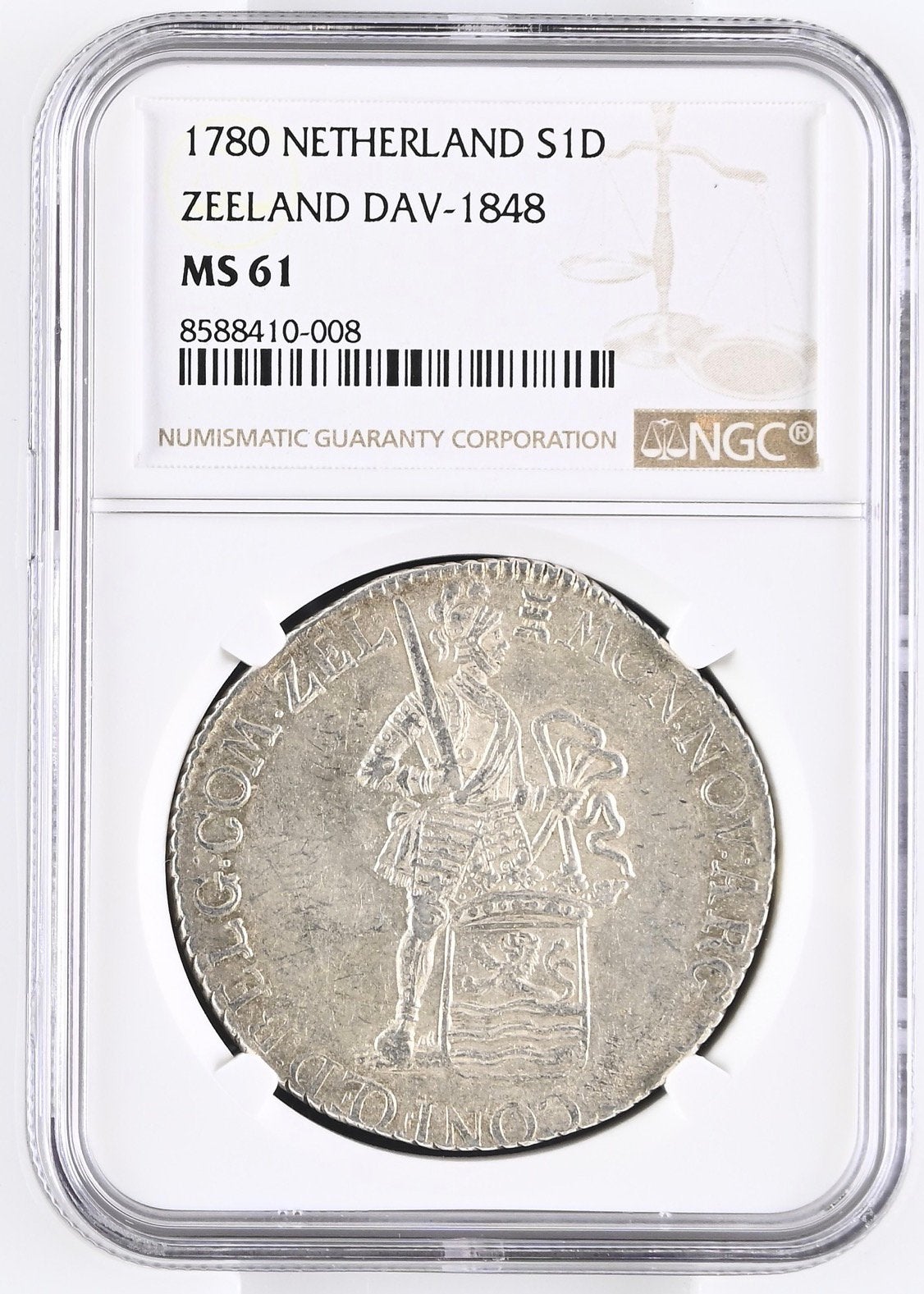 Zeeland, Zilveren dukaat 1780 in FDC (NGC MS61), Ophalen of Verzenden