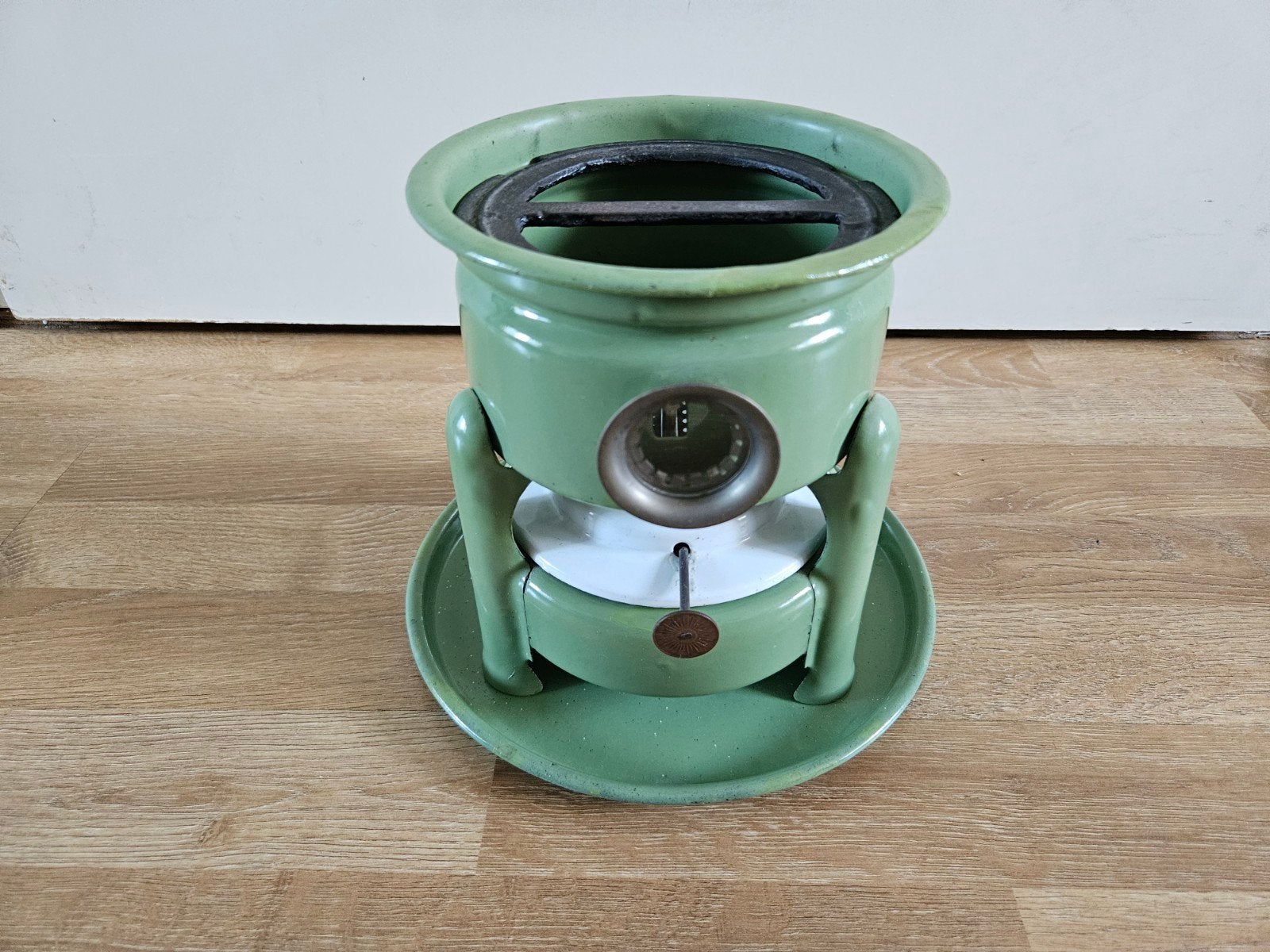 Petroleum stel brander groen emaille met zeldzaam onderbord, Antiek en Kunst, Ophalen of Verzenden