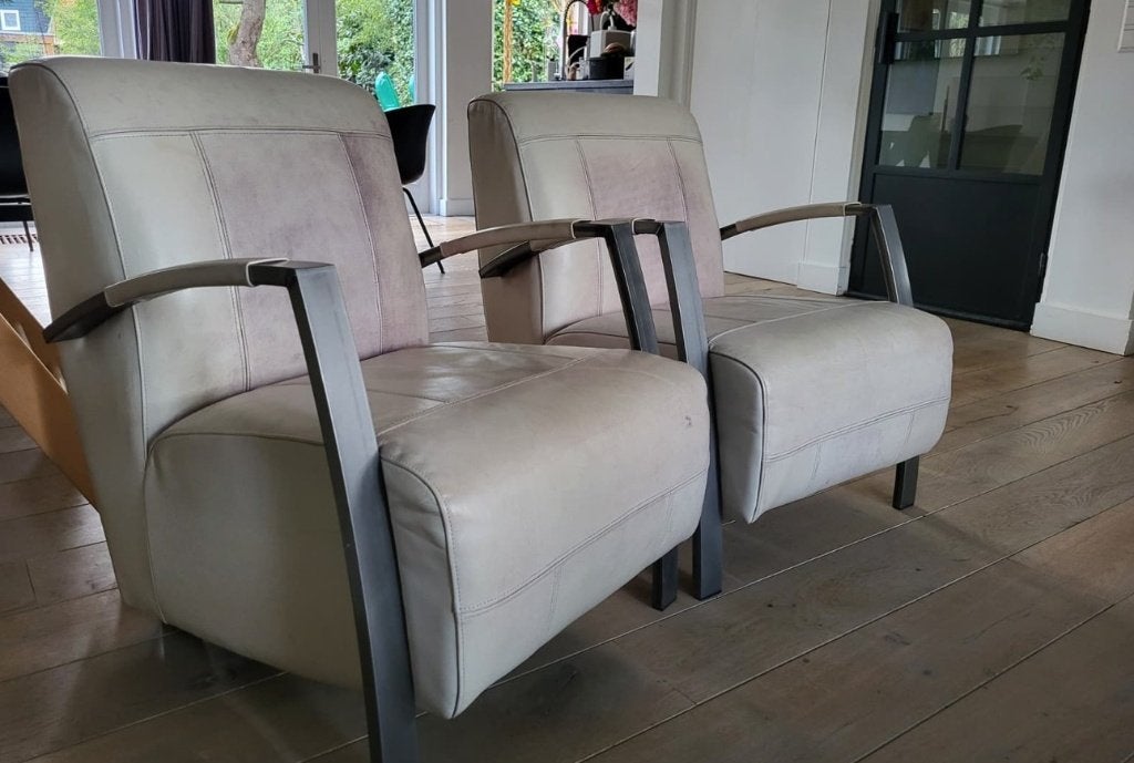 Luxe leren fauteuils set van 2 – Off-white / design stoelen, Ophalen, Gebruikt, 50 tot 75 cm, Leer