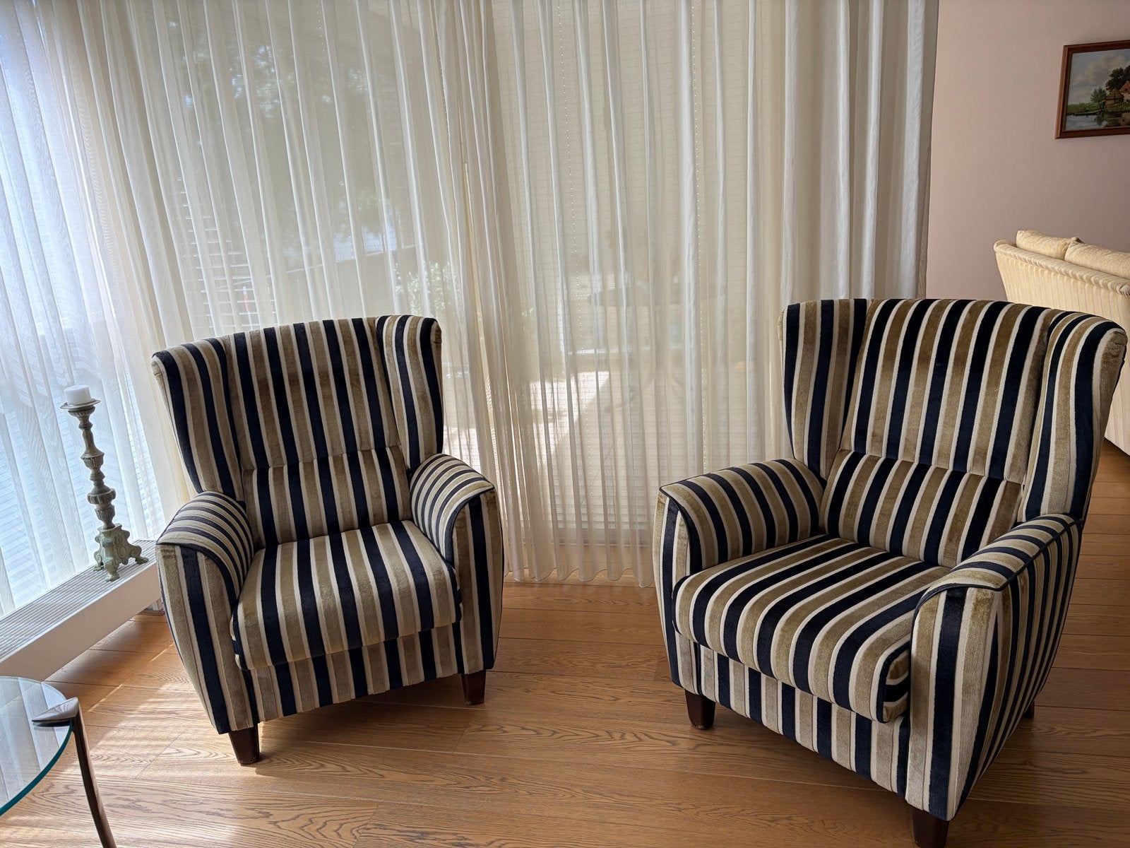 Twee gestreepte fauteuils “Count” 84x90x100, Ophalen, Gebruikt, Stof, 75 tot 100 cm