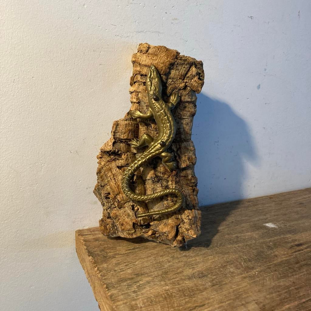 Vintage koperen hagedis op kurk voor aan de muur, Ophalen of Verzenden